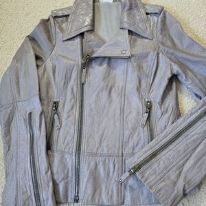 Vintage 90s Ever Brand Light Grey Leather Motorcycle Slim Fit Coat Jacket Lined
